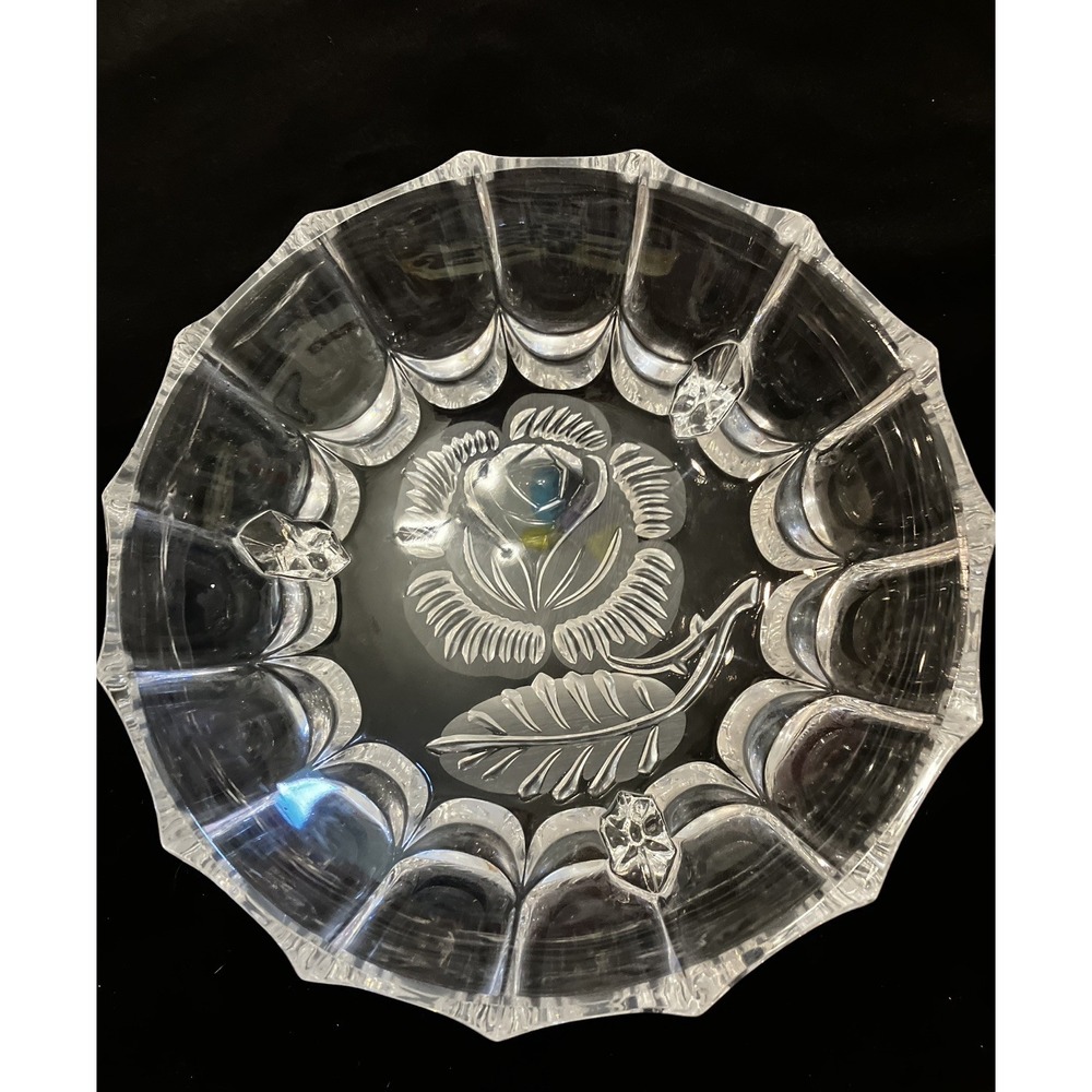 Vintage Imperlux Pressed Crystal Footed Bowl Candy Dish Fluted Edges Etched Rose